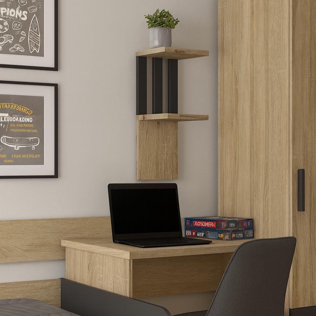 mensola in legno a forma di lettera F su parete studio