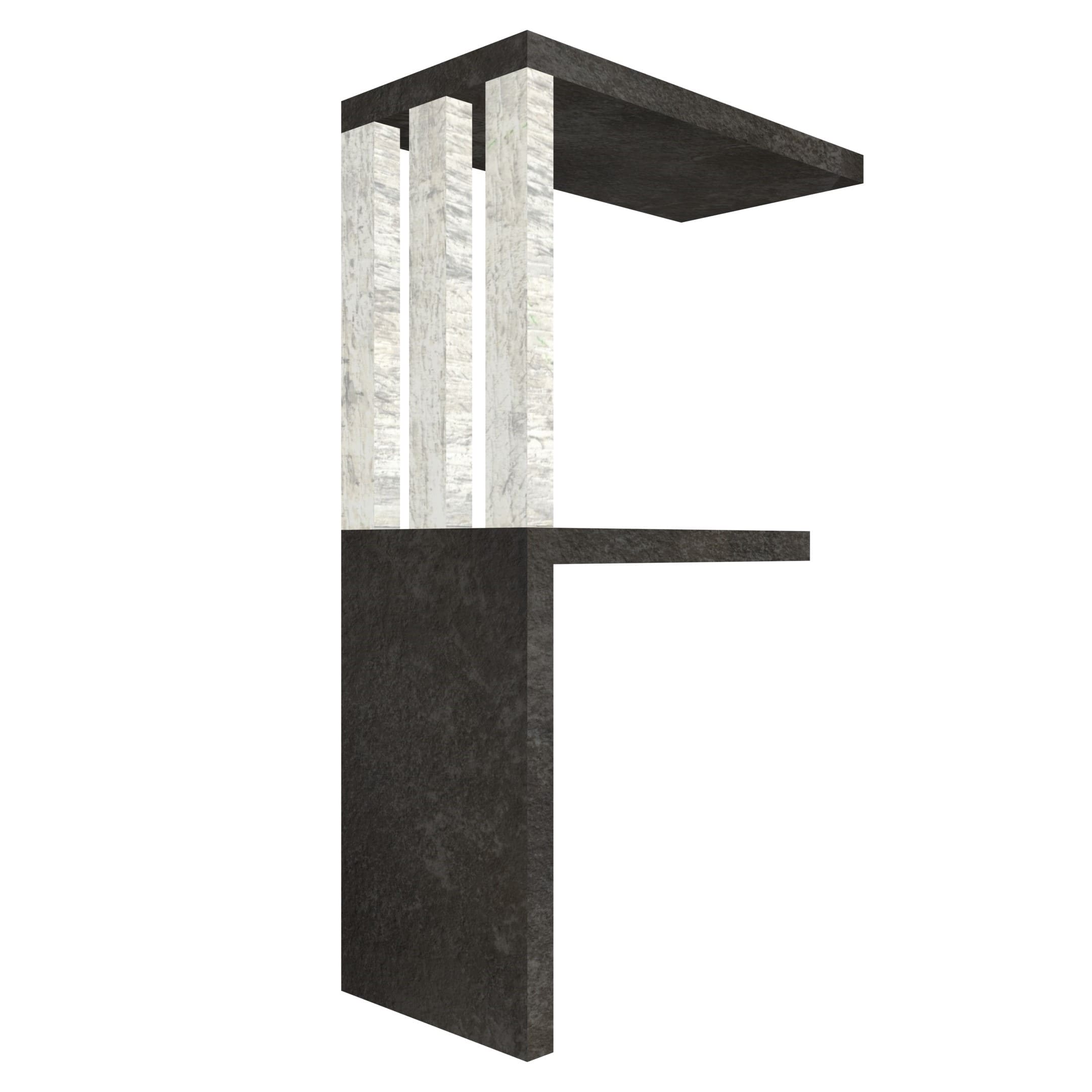 mensola in legno a forma di lettera F colore vulcano e legno chiaro