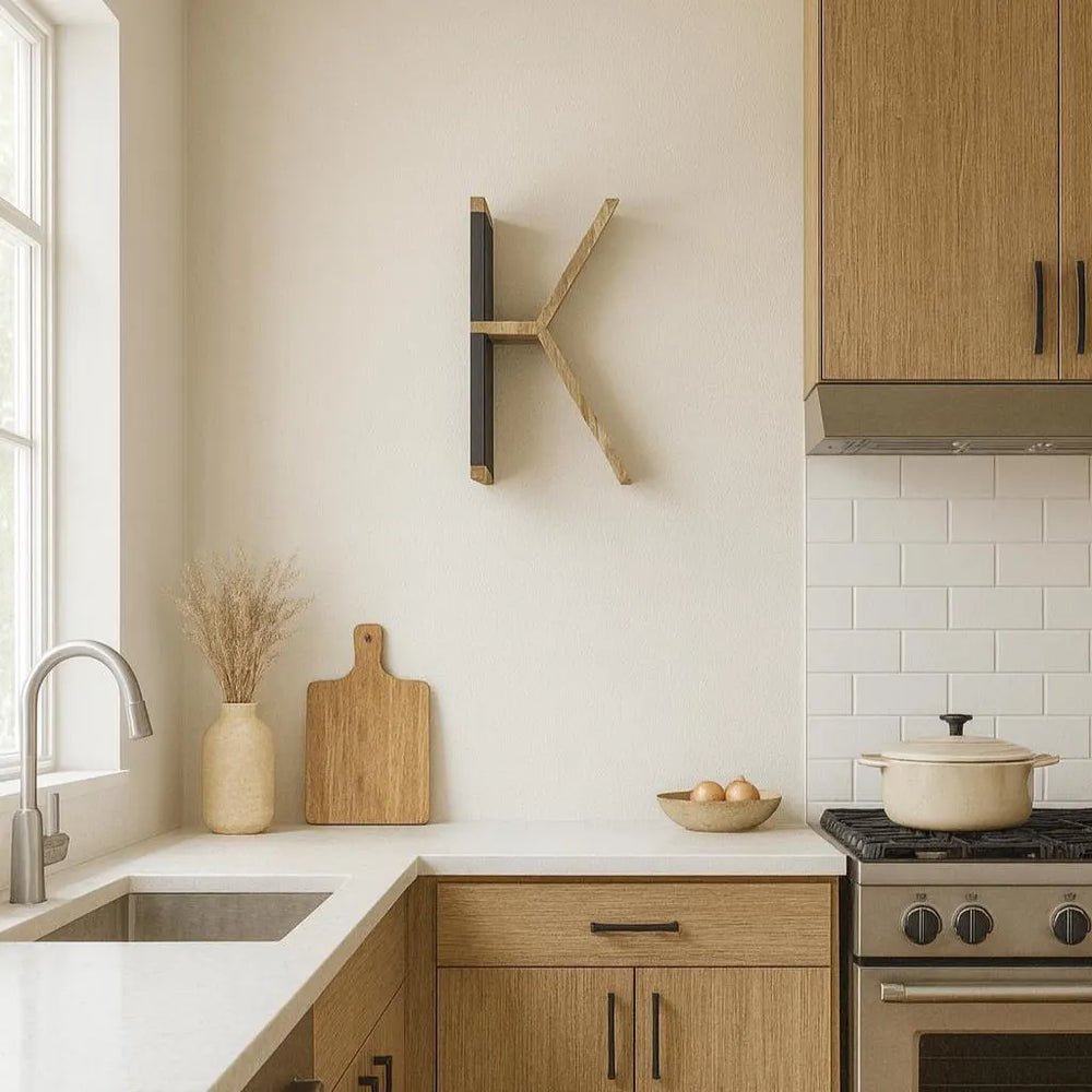 mensola a forma id lettera K posizionata sulla parete di una cucina minimal e rovere