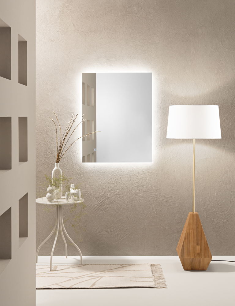 SPECCHIO ESAGONALE DIAM.80CM BORDO PARZIALMENTE SABBIATO ILLUMINATO LED CCT POSTERIORE ARGENTO SENZA RAME 4MM STRUTTURA PVC PELLICOLA ANTIDEFLAGRANTE