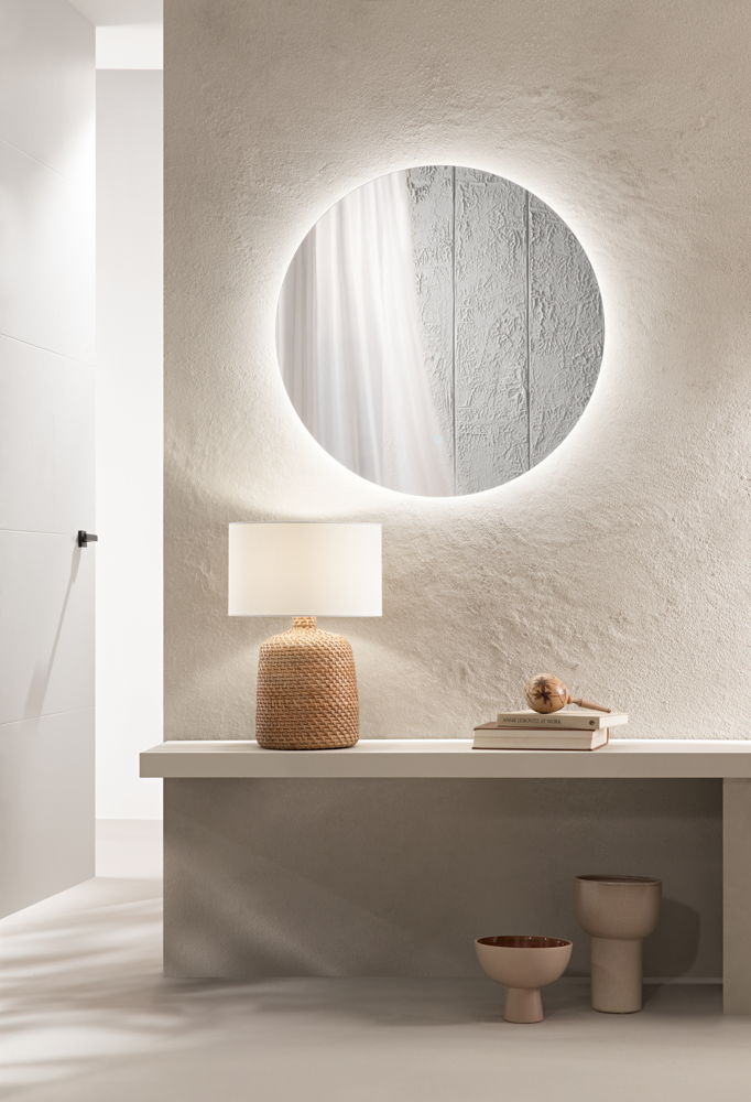 SPECCHIO TONDO DIAM.70CM FASCIA PELLE BORDO SABBIATO ILLUMINATO FRONTALE LED CCT CORNICE NERA ARGENTO SENZA RAME 4MM STRUTTURA PVC PELLICOLA ANTIDEFLAGRANTE