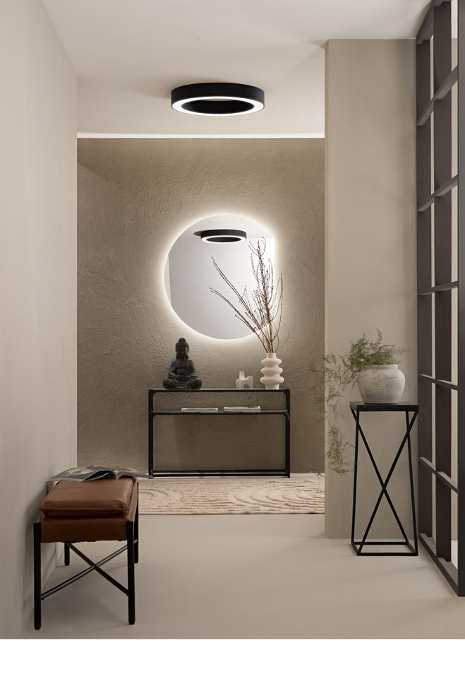 SPECCHIO TONDO DIAM.100CM TAGLIO INFERIORE RETROILLUMINATO LED CCT PULSANE SUL RETRO ARGENTO SENZA RAME 4MM STRUTTURA PVC PELLICOLA ANTIDEFLAGRANTE