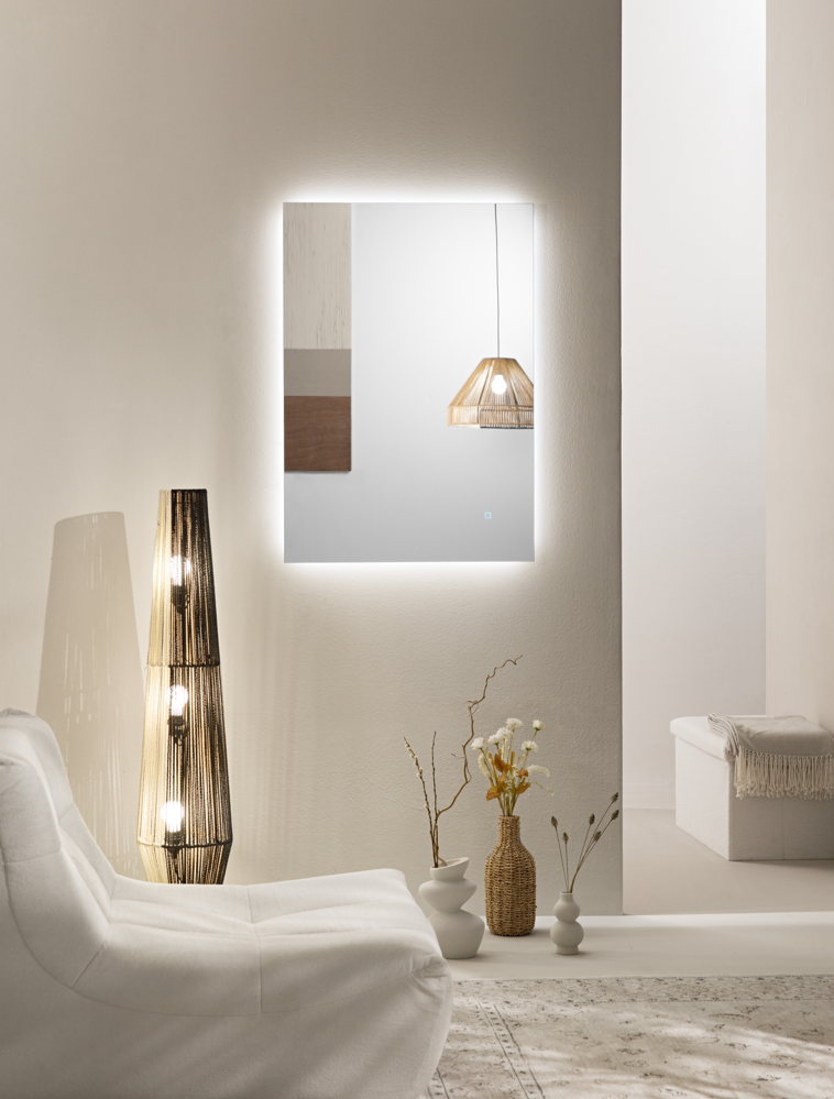 SPECCHIO TONDO DIAM.80CM BORDO SABBIATO ILLUMINATO FRONTALE LED CCT TOUCH CORNICE NERA ARGENTO SENZA RAME 4MM STRUTTURA PVC PELLICOLA ANTIDEFLAGRANTE