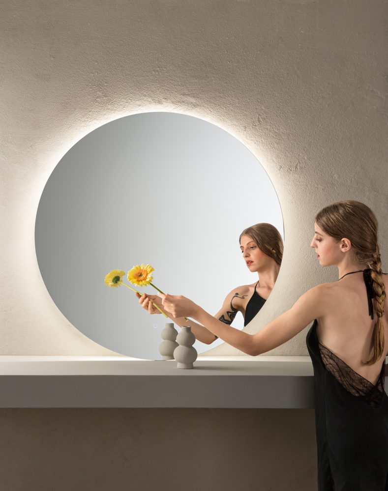 SPECCHIO TONDO DIAM.100CM RETROILLUMINATO LED CCT ARGENTO SENZA RAME 4MM STRUTTURA PVC PELLICOLA ANTIDEFLAGRANTE