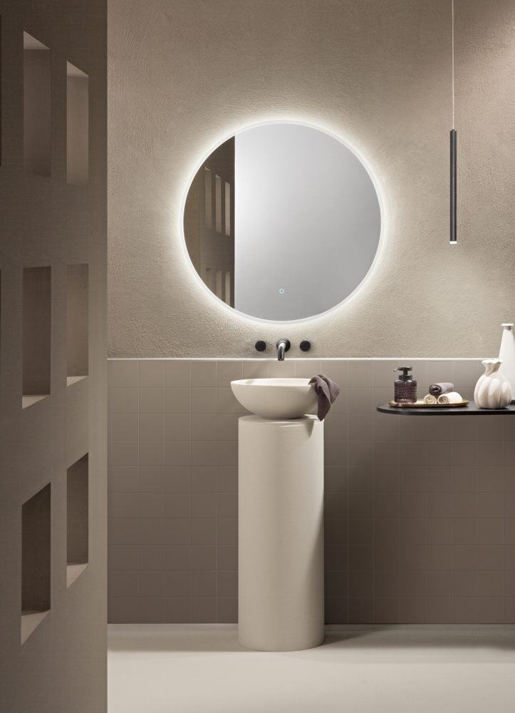 SPECCHIO TONDO TAGLIO 90° DIAM.80CM RETROILLUMINATO LED CCT PULSANTE POSTERIORE ARGENTO SENZA RAME 4MM STRUTTURA PVC PELLICOLA ANTIDEFLAGRANTE
